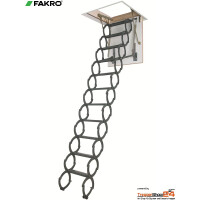 Scherentreppe LST 80x50 cm, Raumhöhe bis 280 cm, Futterkasten 18 cm hoch mit umlaufender Dichtung, Sandwichdeckel 36 mm (30 mm Styropor) mit beidseitig weißen HDF-Platten, geprüfter U-Wert 1,1 W/(m²K), mit Scherenleiter aus Metall.
