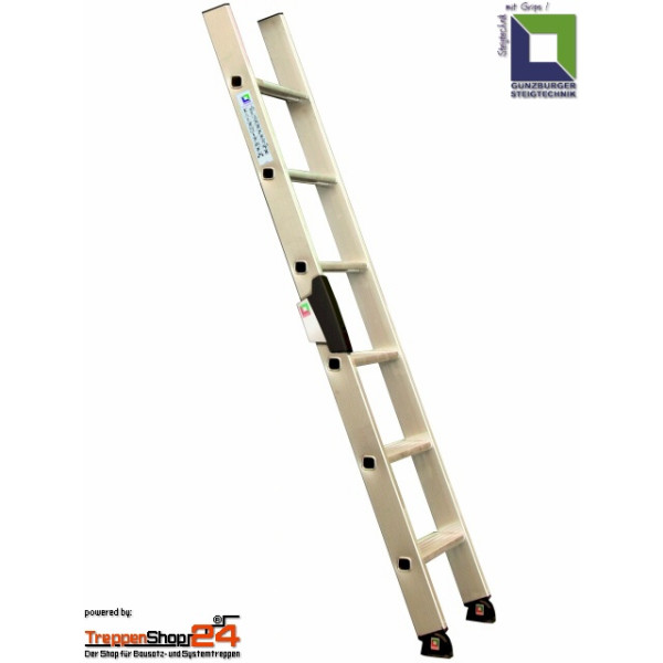 Aluminium-Stufen-Anlegeleiter 6 Stufen, 80 mm tief geriffelt, Leiterbreite 42 cm, Stufenabstand 23,5 cm, Leiterneigung 20°, Leiterlänge 169 cm, mit dauerhafter Stufen-Holmverbindung, rutschsichere nivello®-Leiterschuhe und ergo-pad® Griffzone.