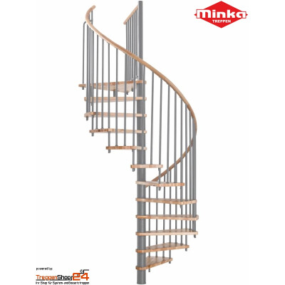 Spindeltreppe Spiral Wood Black &Oslash; 160 cm, 13 Steigungen (12 Stufen + Podest) f&uuml;r H&ouml;he 171-305,5 cm, Buchenstufen versiegelt, inkl. Gel&auml;nder + Holzhandlauf, Metallteile pulverbeschichtet schwarz.