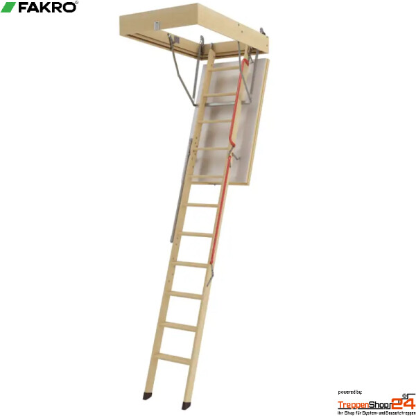 Bodentreppe LWL Extra, Deckenöffnung 140 x 70 cm, berechneter U-Wert 0,74 W/(m²K), 56 mm Sandwichdeckel beidseitig weiß beschichtet, 2 umlaufende Dichtungen, mit 3-teiliger Holzleiter inkl. Handlauf, Bodenschutzkappen für Raumhöhen bis 280 cm.