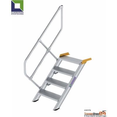 Aluminium Treppe 45° mit 4 Stufen für Höhe 75,5 bis 99,5 cm, inkl. einseitigem Geländer, Stufen (geriffelt) aus Aluminium, jede Treppe ist eine Maßanfertigung.
