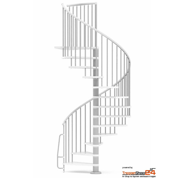 Spindeltreppe Flow Ø 160 cm, 10 Steigungen (9 Stufen + Podest) für Höhe 210,5 - 233 cm, inkl. Geländer, Stufen aus MDF weiß beschichtet, Metallteile pulverbeschichtet grau.