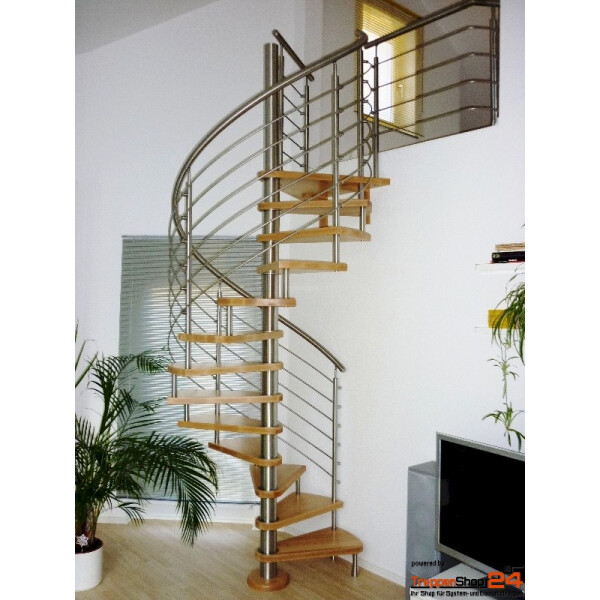 Spindeltreppe Ninfea Inox Ø 240 cm, 12 Stgeigungen (11 Stufen + Podest) für Höhe 216 - 258 cm, Buchenstufen, Relinggeländer komplett aus Edelstahl.