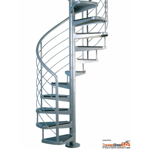 Spindeltreppe Gladiolo Ø 140 cm, mit 12 Steigungen (11 Stufen + Standardpodest), Geschosshöhe 216 - 258 cm, gepresste Stahlblechstufen, inkl. Relingeländer mit Stahlhandlauf Ø 42,4 mm und 5 Untergurten Ø 10 mm, Metallteile pulverbeschichtet.