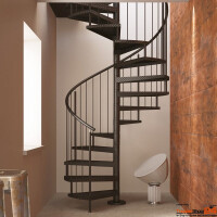 Spindeltreppe Camelia Ø 210 cm mit 12 Steigungen (11 Stufen + Podest) für eine Geschoßhöhe von 216 - 258 cm, Stufen und Podest aus Stahlblech, inkl. Treppen- und Podestgeländer mit senkrechten Rundstäben Ø 10 mm Geländerpfosten Ø 30 mm und Stahlhandlauf Ø 42,4 mm, alle Metallteile pulverbeschichtet.