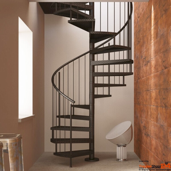 Spindeltreppe Camelia Ø 230 cm mit 12 Steigungen (11 Stufen + Podest) für eine Geschoßhöhe von 216 - 258 cm, Stufen und Podest aus Stahlblech, inkl. Treppen- und Podestgeländer mit senkrechten Rundstäben Ø 10 mm Geländerpfosten Ø 30 mm und Stahlhandlauf Ø 42,4 mm, alle Metallteile pulverbeschichtet.