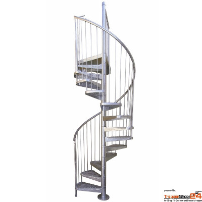 Spindeltreppe Camelia Zink &Oslash; 140 cm mit 12 Steigungen (11 Stufen + Podest) aus gestpressten Stahlblechstufen inkl. Austrittspodest sowie Treppen- und Podestgel&auml;nder mit senkrechten Rundst&auml;ben und Stahlhandlauf, alle Metallteile feuerverzinkt.