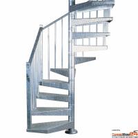 Spindeltreppe Narzisse 150x150 cm mit quadratischem Grundriss mit 12 Steigungen (11 Stufen + Podest) mit geschweißten Riffelblechstufen, Geschoßhöhe 216 - 258 cm inkl. Geländer mit senkrechten Quadratstäben 20x20 mm, Stahlhandlauf und Pfosten, alle Metallteile feuerverzinkt.