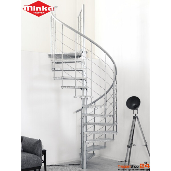 Spindeltreppe Spino Zink Smart Ø 120 cm mit 13 Steigungen (12 Stufen + Podest) Riffelblechstufen, für Höhe 171 - 305,5 cm erweiterbar mit Zusatzstufen bis 352,5 cm, inkl. Geländer mit Kunststoffhandlauf und 5 Untergurten, komplette Treppe feuerverzinkt.