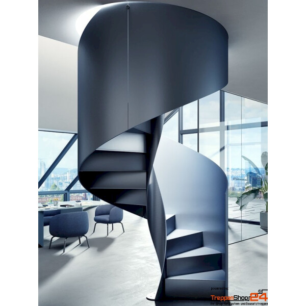 Spindeltreppe Croco Steel Ø 140 cm, 12 Steigungen (11 Stufen + Podest), Geschosshöhe 240 - 270 cm, mit Aussen- und Innenwange mit Stahlblechstufen, die Aussenwange ist Geländer hoch 8 mm stark. Alle Metallteile pulverbeschichtet.