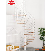Spindeltreppe Fusion Ø 120 cm, 13 Steigungen (12 Stufen + Podest) GH 163,8 - 295,1 cm, Buchenstufen, inkl. Relinggeländer, Metallteile pulverbeschichtet.