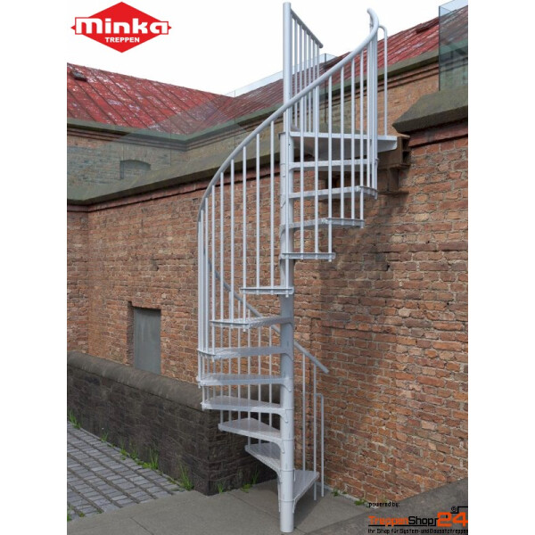 Spindeltreppe Rondo Zink Color Ø 120 cm mit 13 Steigungen (12 Stufen + 1 Podest) für eine Geschosshöhe von 171 - 305,5 cm erweiterbar mit Zusatzstufen bis 352,5 cm, mit Riffelblechstufen, inkl. Einzelstabgeländer mit durchgehendem Kunststoffhandlauf, alle Stahlteile verzinkt und pulverbeschichtet.