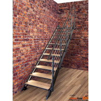 Ansicht der Alu-Wangentreppe Brooklyn, 12 Steigungen / 11 Stufen aus Aluminium-Wannen mit Holzeinlagen, Aluminiumwangen 140 x 40 mm, Stufenwannen und Wangen schwarz pulverbeschichtet, mit einseitigem Relinggeländer mit 5 Untergurten und LED Belechtung.