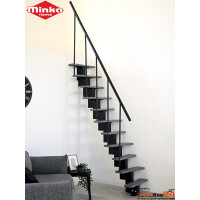 Raumspartreppe Happy mit 11 Stufen / 12 Steigungen aus Stahlblech, inkl. einseitigem Geländer mit senkrechten Geländerstäben Aluminiumhandlauf, Geschosshöhe 152 - 275 cm, Stufenbreite 60 cm, Metallteile pulverbeschichtet.