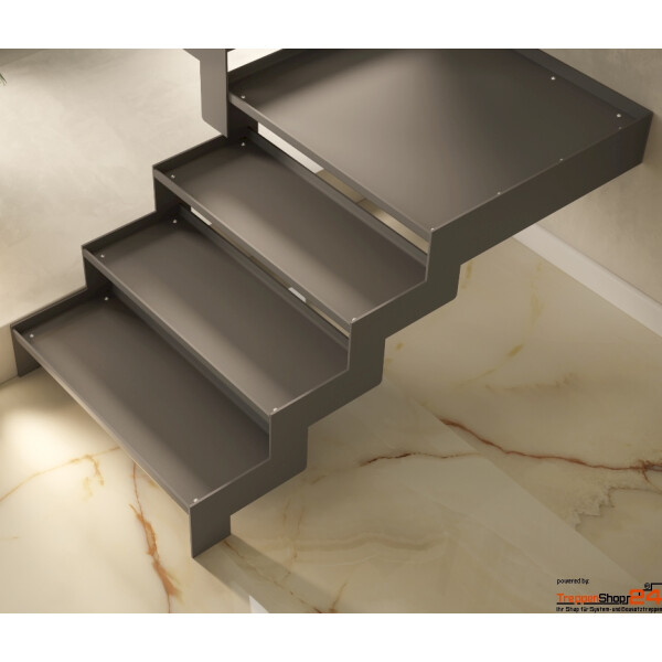 Stahlwangentreppe Your Step mit Stufenwannen als Maßanfertigung gerade ab 10 Sufen bestehend aus Stufenwannen zur bauseitigen Einlage von Holz, Kunstoff oder Steinplatten, optional mit Reling- oder Glasgeländer, alle Metallteile pulverbeschichtet.
