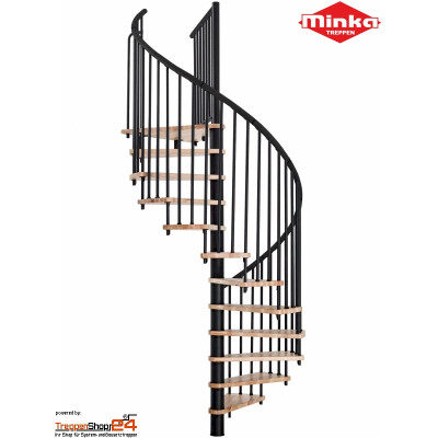 Spindeltreppe Spiral Effect &Oslash; 160 cm, 13 Steigungen (12 Stufen + Podest) f&uuml;r H&ouml;he 242-309 cm, Buchenstufen versiegelt, inkl. Gel&auml;nder, Metallteile pulverbeschichtet schwarz.