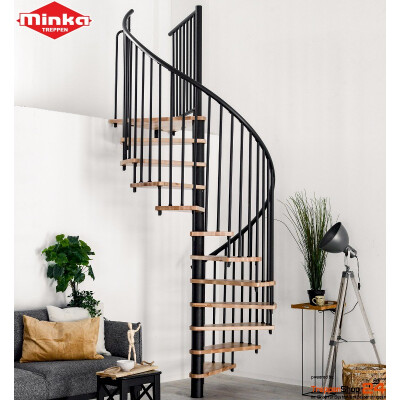 Spindeltreppe Spiral Smart &Oslash; 120 cm, 13 Steigungen (12 Stufen + Podest) f&uuml;r H&ouml;he 171-305,5 cm, Buchenstufen versiegelt, inkl. Gel&auml;nder mit Kunststoffhandlauf, Metallteile pulverbeschichtet schwarz, grau oder weiss.