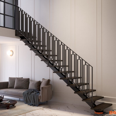 Ansicht der Mittelholmtreppe Geranio mit Stufen aus Buche, Materialst&auml;rke ca. 40 mm, Mittelholm aus Stahl 100 x 100 mm, mit Treppengel&auml;nder Q bestehend aus Pfosten, Handlauf, Untergurt mit dazwischen gesetzten senkrechten St&auml;ben und Ornamentst&auml;ben alles aus Flachstahl 40x8 mm, alle Metallteile pulverbeschichtet .