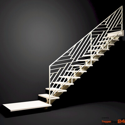 Ansicht der Mittelholmtreppe Geranio mit Gel&auml;ndermodell V als Ma&szlig;anfertigung gerade Stufen aus Buche natur oder gebeizt, Materialst&auml;rke ca. 40 mm, Mittelholm aus Stahl 100 x 100 mm, Gel&auml;nder Modell V aus Pfosten, Handlauf und Untergurt mit schr&auml;g gekreuzen Zwischenst&auml;ben alles aus Flachstahl 40x8 mm, alle Metallteile pulverbeschichtet.