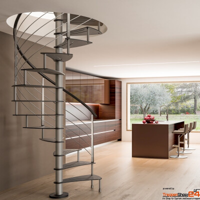 Spindeltreppe Ciclamnino Z Inox Curve &Oslash; 120 cm, 12 Steigungen (11 Stufen + Standardpodest), Geschossh&ouml;he 240 - 270 cm, Stahlblechstufen 10 mm geschlietzt, Relinggel&auml;nder aus Edelstahl Pfosten, Handlauf und 5 Untergurte