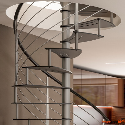 Ansicht vom oberen Teil der Spindeltreppe Ciclamnino Z Inox Curve Ø 160 cm mit geschwungene Stahlblechstufen 10 mm geschlietzt und Relinggeländer aus Edelstahl oben verjüngte Doppelflachstahlpfosten, Handlauf Ø42,4 und 5 Untergurte Ø10 mm.