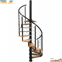 Spindeltreppe Columbia Wood Ø 170 cm, mit 11 Steigungen (10 Stufen + Standardpodest) für eine Geschoßhöhe von 1980 - 2475 mm, ohne Geländer, Stahlstandrohr 3-teilig verzinkt, Distanzhülsen Alu eloxiert, Stufen und Podest aus 40 mm Eiche versiegelt, komplett mit allen Verschraubungsteilen ohne Befestigungsmaterial für Verbindung Treppe -  Bauwerk. Lieferung inkl. Montageanleitung.